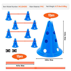 Blue PVC agility cones and orange rods for dog hurdles, 12 cones and 6 rods with carry bag.