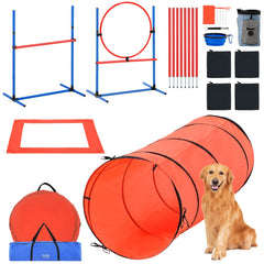 Five-piece dog agility training set with PVC hurdles, a tunnel, weaving poles, and a pause box.