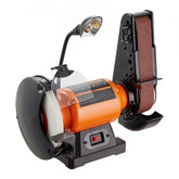 Orange 8-inch bench grinder with 2x28-inch belt sander, 2.5A motor, LED light, and adjustable features.