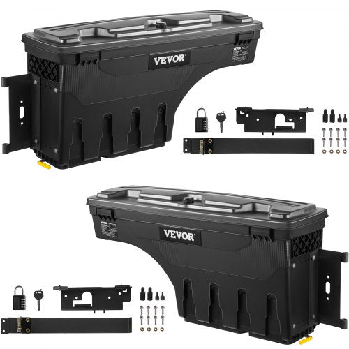 Black Bostome truck bed tool boxes for Dodge Ram 1500, left and right sides with locks and mounting hardware.