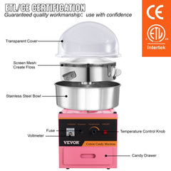 Bostome commercial cotton candy machine in pink with a stainless steel bowl and clear cover.