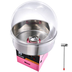 Pink cotton candy machine with a stainless steel bowl and clear cover for easy operation.