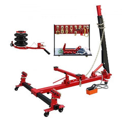 Red 6-ton auto body frame straightener with swivel post, airbag jack, and rolling base.