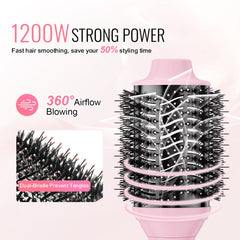 Pink Bostome Ionic Hair Blow Dryer Brush with 2.6-inch and 2.95-inch heads, featuring 360-degree airflow and tangle prevention.