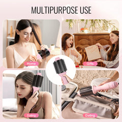 Pink Bostome Ionic Hair Blow Dryer Brush with 2.6-inch and 2.95-inch heads, shown in use for styling.
