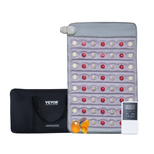 Gray far infrared heating pad with jade tourmaline stones, remote, and carry bag.