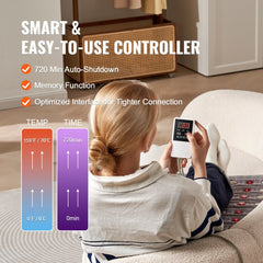 A woman holds the controller for a far infrared heating pad with jade tourmaline stones, displaying temperature and time settings.