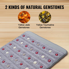 Gray far infrared heating pad with embedded yellow jade and tourmaline gemstones, measuring 60x24 inches.