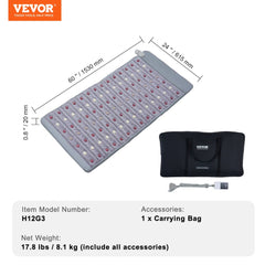Gray 60x24-inch far infrared heating pad with jade and tourmaline stones, controller, and black carrying bag.