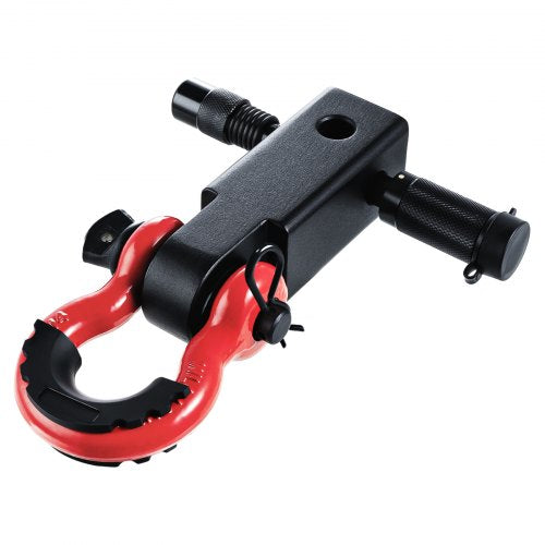 Black 2-inch D-ring shackle hitch receiver with red shackle for truck recovery.