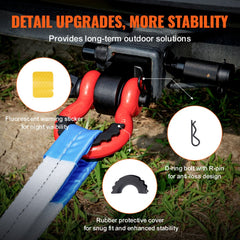 Red D-ring shackle hitch receiver with blue strap, yellow warning sticker, and anti-loss pin for trucks and Jeeps.