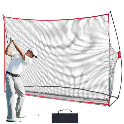 Large 10.8x7ft golf practice hitting net with red trim and black carry bag included.