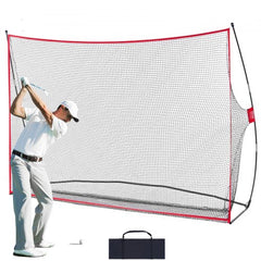 Large 10.8x7ft golf practice hitting net with red trim and black carry bag included.