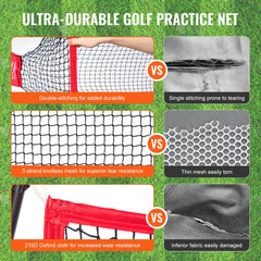 10.8x7ft golf practice hitting net with double stitching, knotless mesh, and 210D fabric for durability.