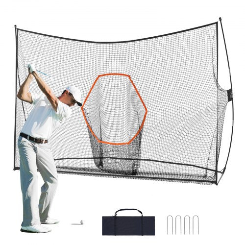 A man swings a golf club at a 10.8x7ft black hitting net with orange hexagonal target, including carry bag and stakes.
