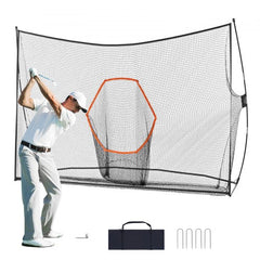 A man swings a golf club at a 10.8x7ft black hitting net with orange hexagonal target, including carry bag and stakes.