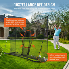 A 10x7ft golf practice hitting net with reinforced frame, target cloth, and side barriers for indoor training.