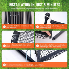 Infographic showing 5-step assembly of 10.8x7ft golf practice hitting net with poles and stakes.