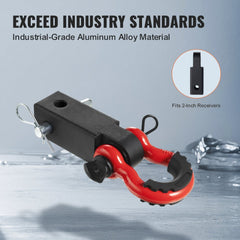 2-inch aluminum D-ring shackle hitch receiver with red shackle and black mount for 2-inch receivers.