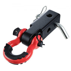 2-inch aluminum D-ring shackle hitch receiver with red shackle and 65900 lbs rating.
