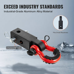 Black 2-inch aluminum D-ring shackle hitch receiver with red shackle and 65900 lbs rating.