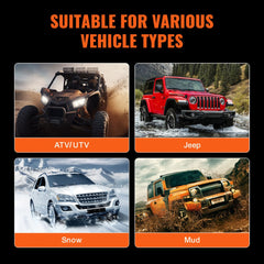 Collage of off-road vehicles including ATV, Jeep, snow truck, and mud SUV, showing compatibility with the hitch receiver.