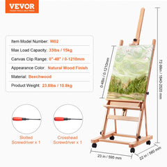 Beechwood H-Frame studio easel with adjustable canvas holder and integrated tray for tools.