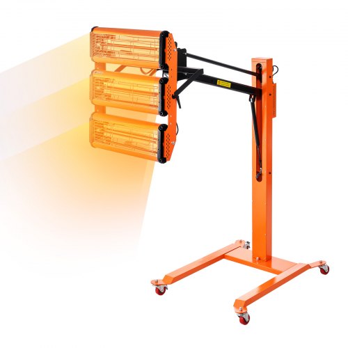 Orange triple-head 3300W infrared paint curing lamp on wheeled stand with adjustable arm.