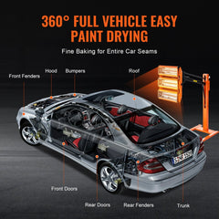 Bostome 3300W infrared paint curing lamp drying a silver coupe car from a stand.