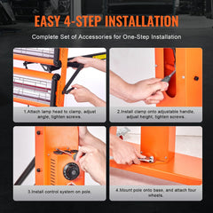 Infographic showing 4-step installation of an orange infrared paint curing lamp with accessories.