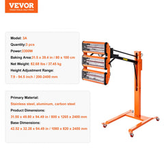 Orange triple-head 3300W infrared paint curing lamp on wheeled stand with height adjustment.