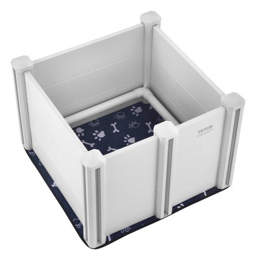 Bostome Dog Whelping Box with rails, pee pad, and sturdy PVC construction for puppy care.
