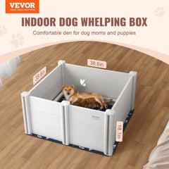 Bostome PVC dog whelping box with rails and pee pad, measuring 38.6x38.6x18.1 inches.