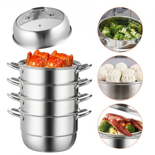Five-tier stainless steel steamer pot with tempered glass lid and modular stacking design.