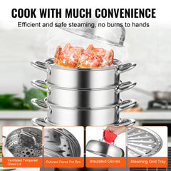 Five-tier stainless steel steamer with tempered glass lid and modular stacking design.