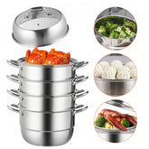 Bostome 5-tier stainless steel steamer with glass lid cooking crabs, broccoli, and dumplings