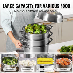 5-tier stainless steel steamer with 11.8-inch diameter, shown steaming broccoli, buns, corn, and seafood.