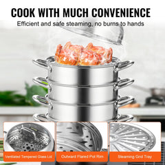 5-tier stainless steel dumpling steamer with 11.8-inch diameter, glass lid, and steaming trays.