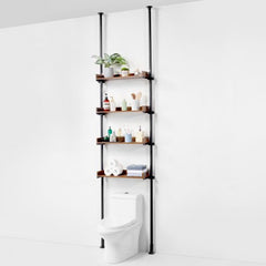 4-tier over-the-toilet storage rack with adjustable wooden shelves and tension pole.