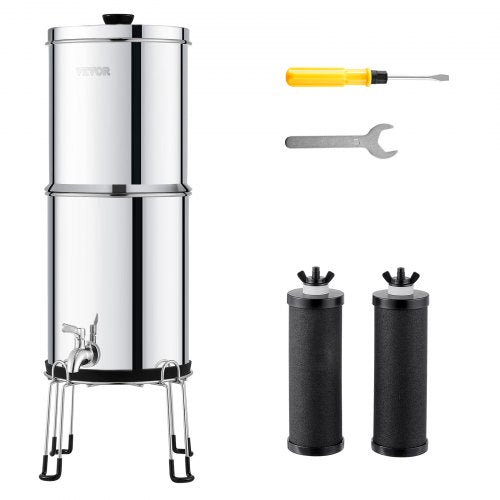 Stainless steel countertop water filter system with a 2.25-gallon capacity and gravity-fed design.