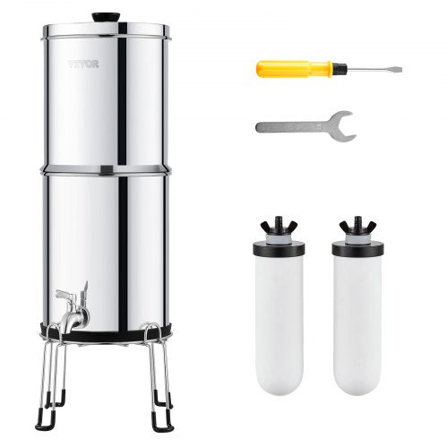 Stainless steel gravity-fed water filter system with 2.25-gallon capacity and two white filters.