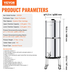 Stainless steel gravity-fed water filter system with 2.25-gallon capacity and 2 filters.