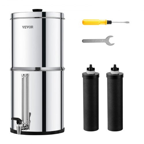 Stainless steel gravity-fed water filter system with two filters and 2.25-gallon capacity.