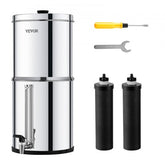 Stainless steel gravity-fed water filter system with two filters and 2.25-gallon capacity.
