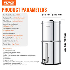 Stainless steel gravity-fed water filter system with two replaceable filters and 2.25-gallon capacity.