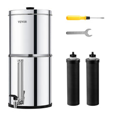 Stainless steel gravity-fed water filter system with two filters and 2.25-gallon capacity.