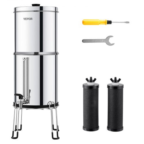 A stainless steel gravity-fed water filter system with two filters and assembly tools.