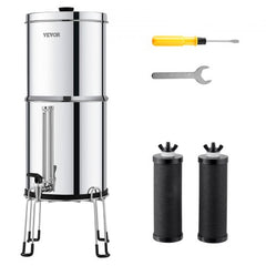 A stainless steel gravity-fed water filter system with two filters and assembly tools.