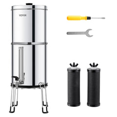 A stainless steel gravity-fed water filter system with two filters and tools.