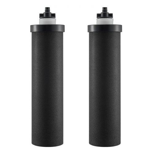 Two black coconut carbon water filter cartridges with white top caps.